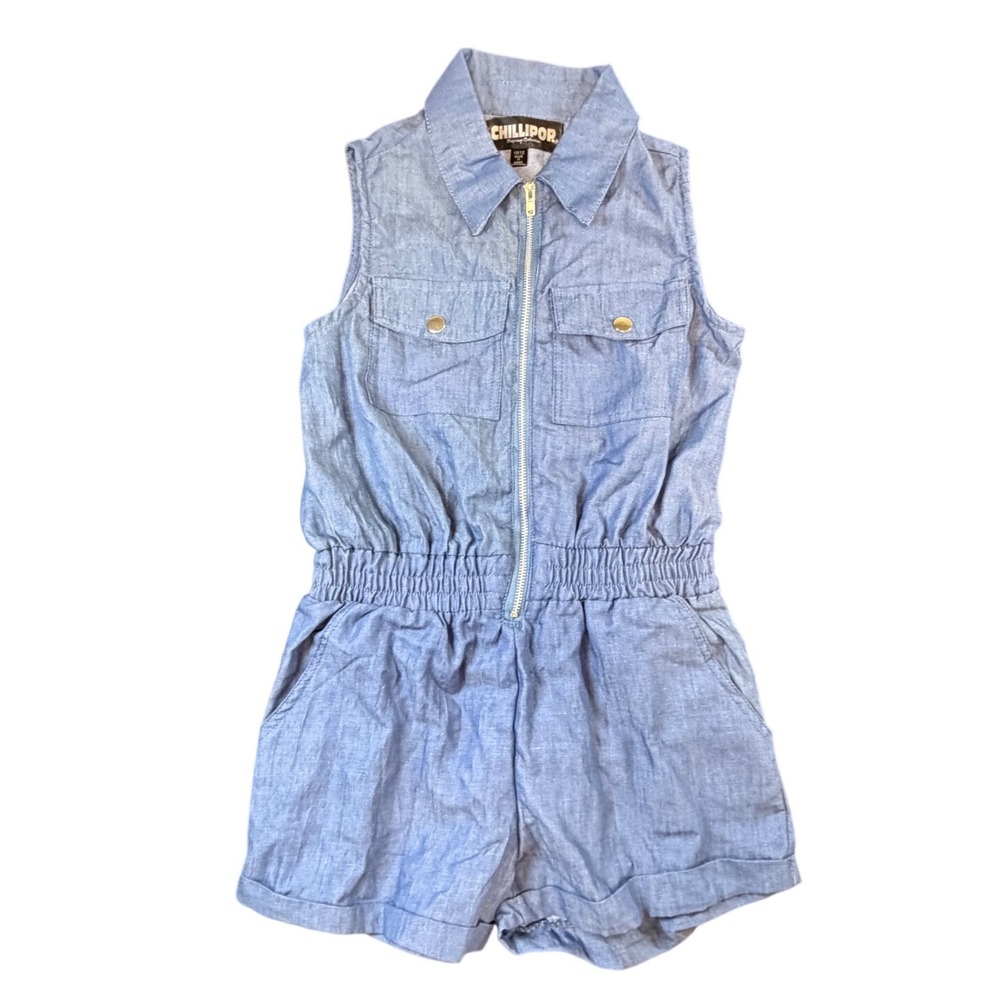 Chillipop Kids Girls Blue Chambray Sleeveless Zip Front Romper Size 10/12 NWT J9